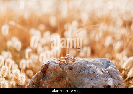 Hochzeit Goldringe mit Mustern auf einem großen Stein auf einem Hintergrund von trockenem Gras auf einem unscharfen Hintergrund. Stockfoto