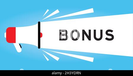 Farb-Megphone-Symbol mit Wort-Bonus in weißem Banner auf blauem Hintergrund Stock Vektor