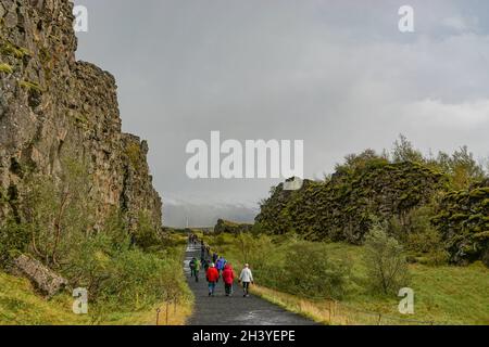 Thingvellir National Park, Island: Das Rifttal zwischen der nordamerikanischen und der eurasischen tektonischen Platte. Stockfoto