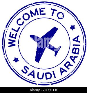 Grunge blau Willkommen in Saudi-Arabien Wort mit Flugzeug-Symbol rund Gummi-Siegel Stempel auf weißem Hintergrund Stock Vektor