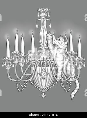 Verspielte Katze auf einem beleuchteten Kerzenleuchter, die Paw farblose Linienzeichnung hebt. Kleine Feline Hängend An Der Decke Licht Färbung Stockfoto
