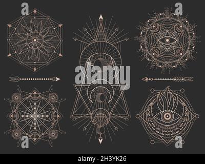 Vektor-Set von Heiligen geometrischen Symbolen und Figuren auf schwarzem Hintergrund. Abstrakte Mystic Signs Kollektion. Goldene lineare Formen. Für Sie Design oder Magie Stock Vektor