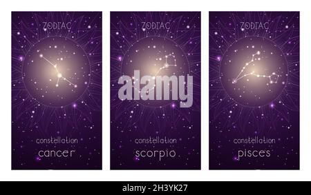 Set aus drei Karten mit Sternzeichen-Konstellationen und abstraktem geometrischen Symbol gegen den Sternenhimmel. Sammlung der Wasserelemente: Krebs, skorpion, Stock Vektor