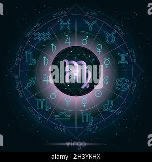 Sternzeichen und Sternbild JUNGFRAU mit Horoskop Kreis auf dem Sternenhimmel Hintergrund mit Geometrie-Muster. Heilige Symbole und Piktogramme astr Stock Vektor