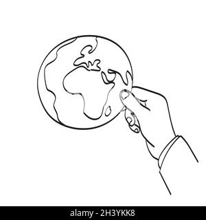 Linie Kunst Nahaufnahme Hand des Geschäftsmannes hält flache Welt Illustration Vektor isoliert auf weißem Hintergrund Stock Vektor
