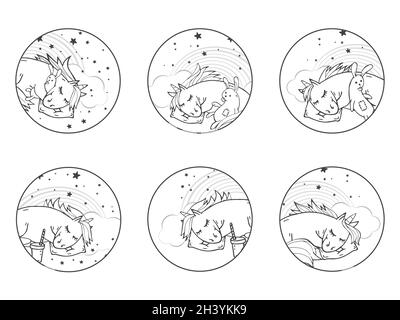 Vektor-Set von schwarzen Symbolen mit handgezeichneten niedlichen Einhörnern. Auf dem Hintergrund. Für Ihr Design. Cartoon-Stil. Stock Vektor