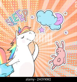 Niedliches träumendes Einhorn, Mond, Spielzeug-Kaninchen und Aufkleber mit Text-SCHLAF. Vektor Pop Art Hintergrund. Poster, Grußkarte oder Einladung im Comic-Stil. Stock Vektor