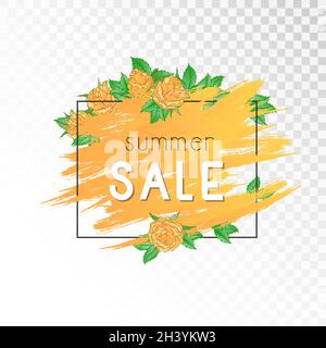 Vektorrahmen mit Rosen, Aquarell-Elementen und handgezeichneter Inschrift Summer Sale. Stock Vektor