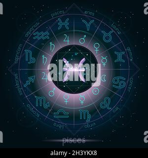 Sternzeichen und Sternbild FISCHE mit Horoskop Kreis auf dem Sternenhimmel Hintergrund mit Geometrie-Muster. Heilige Symbole und Piktogramme Ast Stock Vektor