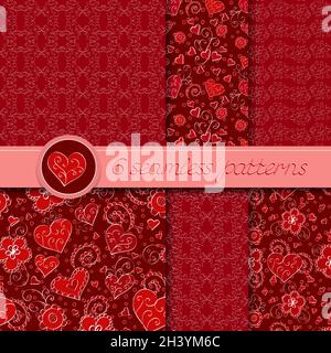 Vector Set aus sechs nahtlosen handgezeichneten Mustern für den Valentinstag. In roter Farbe. Stock Vektor