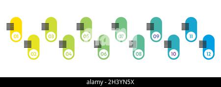 Aufzählungszeichen. Bunte Listenmarkierungen von 1 bis 12. Vektor-Design-Elemente für moderne Infografik gesetzt. Stock Vektor