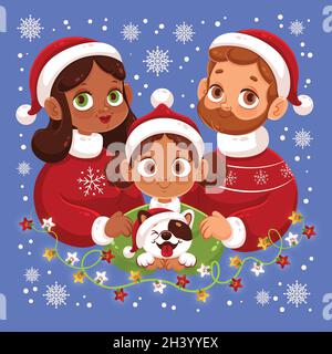 Eltern Kind mit Hund Familie weihnachten Szene Vektor Design Illustration Stock Vektor