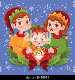 Eltern Kind mit Katze Familie weihnachten Szene Vektor Design Illustration Stock Vektor