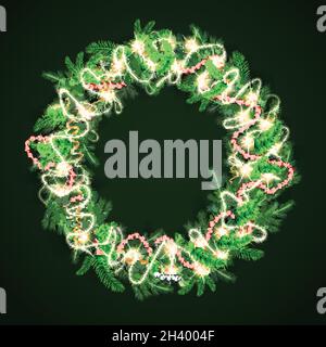 Realistischer weihnachtskranz mit Lichtern Vektor-Design-Illustration Stock Vektor