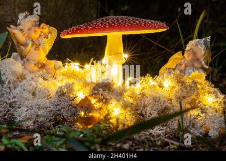 Fantasy Magische Pilze und Elfen im verzauberten Märchen verträumter Elfwald mit fabelhaftem Märchenmoos und Lichtern auf Mysterio Stockfoto