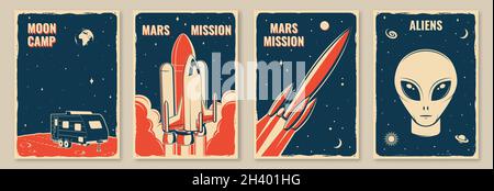 Poster, Banner, Flyer zur Weltraummission. Vektor-Illustration Konzept für Hemd, Druck, Stempel. Vintage Typografie Design mit Weltraumrakete, Alien und Stock Vektor