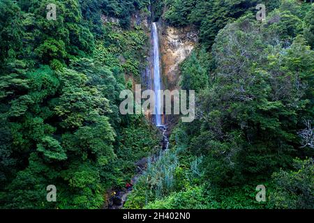Luftaufnahme von Mutter und Sohn, die auf den Felsen am Wasserfall Cascata da Ribeira Quente, Sao Miguel, Azoren, Portugal, wandern Stockfoto