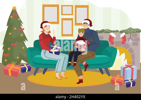 Schöne Familie mit weihnachtsbaum Kamin Vektor-Design-Illustration Stock Vektor