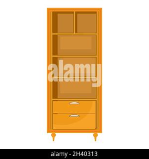 Leerer Schrank isoliert auf weißem Hintergrund. Brauner Kleiderschrank mit Regalen und Schubladen. Holzmöbel. Symbol für Schrank, Schrank, Kommode oder Kommode. Vektor Stock Vektor