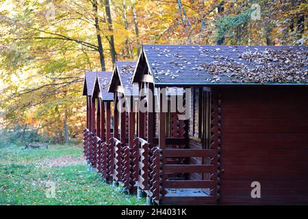 Herbstlandschaft - kleines Holzhaus zwischen den vergilbten Herbstbäumen Stockfoto