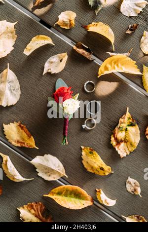 Weiße und rote Rosen in einer Knospe mit Eheringen vor dem Hintergrund gelber Blätter auf einer Holzstruktur. Stockfoto