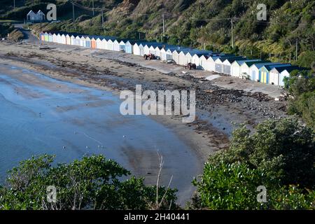 Bootsschuppen am Titahi Bay Beach, Porirua, Wellington, Nordinsel, Neuseeland Stockfoto