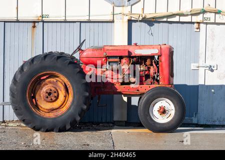 Nuffield-Traktor parkte vor den Bootsschuppen am Titahi Bay Beach, Porirua, Wellington, Nordinsel, Neuseeland Stockfoto