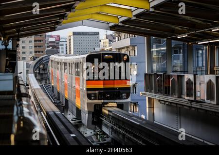 Tama-Einschienenbahn, die ein Wohngebiet führt Stockfoto