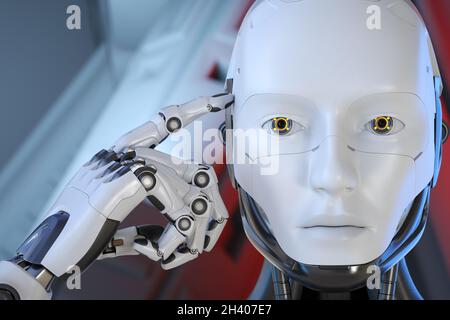 Robot regt zum Nachdenken an. 3D-Illustration Stockfoto