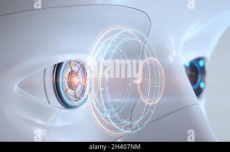 Humanes Roboterauge mit Hologramm. 3D-Illustration Stockfoto