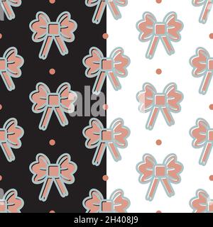 Geschenkschleife im nahtlosen Muster. Niedliche geometrische Komposition mit Punkten, grauer Kontur, pastellroter Farbpalette. Weiß oder Schwarz leicht bearbeitbare Farbe Stock Vektor