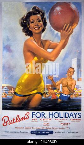 Ein Vintage-Poster der British Railways, das Butlins Holidays mit der Bahn, 50er Jahre, anwirbt Stockfoto