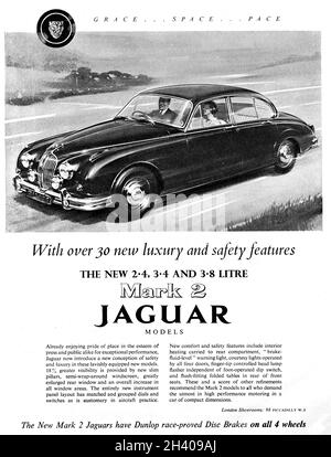 Eine alte Jaguar-Werbung des Motorsport-Magazins, Januar 1960, in der die Mark 2-Modelle vorgestellt werden Stockfoto