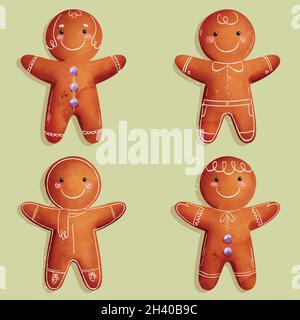 Aquarell Lebkuchen Mann Cookies Vektor Design Illustration Stock Vektor