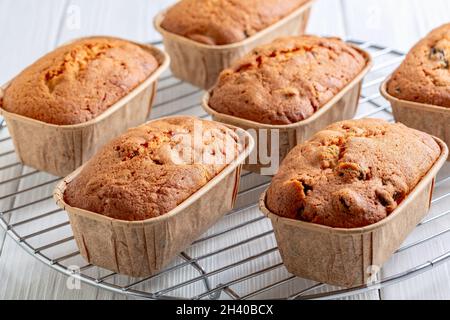 Frisch gebackene Mini-Laibe Cupcakes mit Rosinen. Stockfoto