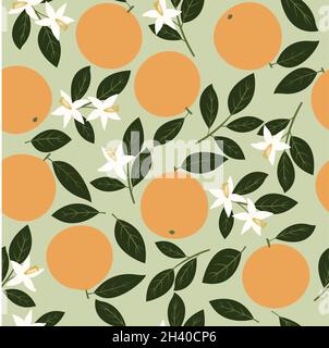 Nahtloses Musterdesign von orangen Früchten mit den Blättern und Blumen des Baumes auf hellgrünem Hintergrund und mit modernem Stil Stockfoto