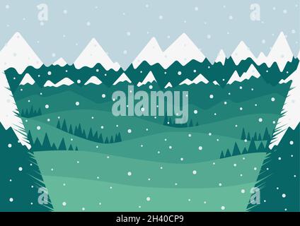 Illustration über die Wintersaison in grünen Bergen und Wiesen mit dunkelgrünen Kiefern und blauem Himmel Stockfoto