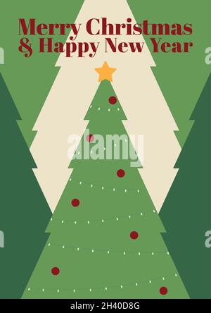 Frohe Weihnachten und Happy New Year Karte mit mehreren Weihnachtsbäumen in Grüntönen mit Weihnachtsdekoration und Lichtern und Weihnachtskugeln Stock Vektor
