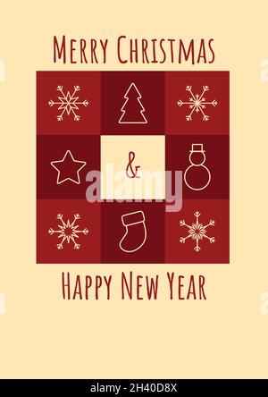 Frohe Weihnachten und Happy New Year Karte mit Schneeflocken und anderen weihnachtselementen in roten Quadraten und einem beigen Hintergrund, um frohe weihnachten zu wünschen Stock Vektor