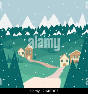 Illustration über die Wintersaison in den grünen Bergen und Wiesen mit dunkelgrünen Kiefern, mit einem beigen Pfad, der zu den Häusern eines Dorfes führt Stock Vektor
