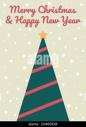 Frohe Weihnachten und ein glückliches neues Jahr Karte mit einem dunkelgrünen Weihnachtsbaum mit einer roten Schleife und einem gelben Stern auf dem Baum, und mit weißen Flocken Stock Vektor