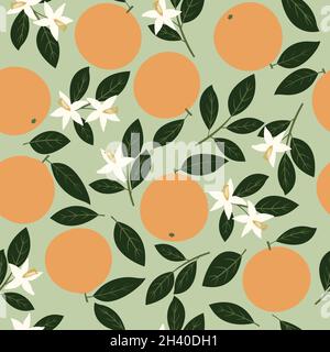 Nahtloses Musterdesign von orangen Früchten mit den Blättern und Blumen des Baumes auf hellgrünem Hintergrund und mit modernem Stil Stock Vektor