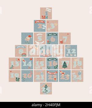 Weihnachts-Adventskalender in Form eines Weihnachtsbaums. Winterurlaub Kalender Stock Vektor