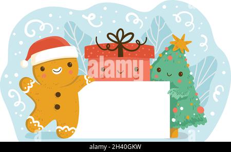 weihnachten leere Banner mit Lebkuchenmann hält es Vektor-Design-Illustration Stock Vektor