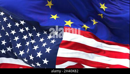 Die Flaggen der Vereinigten Staaten und der Europäischen Union übereinander. Internationale Beziehungen und Diplomatie. Stockfoto