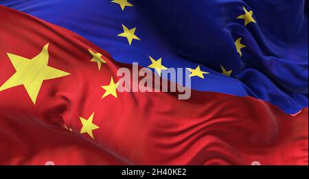 Die Flaggen Chinas und der Europäischen Union winken. Internationale Beziehungen und Diplomatie. Stockfoto