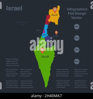 Infografiken Israel-Karte, flache Designfarben, Namen der einzelnen administrativen Teilung, blauer Hintergrund mit orangenen Punkten Vektor Stock Vektor