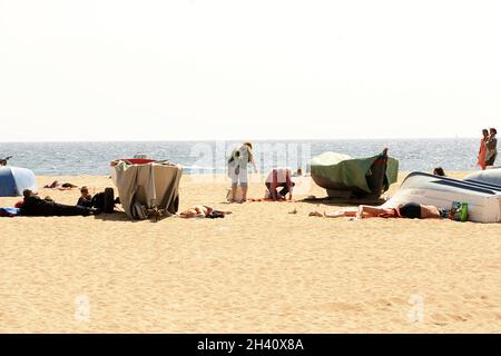 Holzkonstruktion der Brücken über die Ronda del Litoral in Barcelona, Katalonien, Spanien, Europa Stockfoto