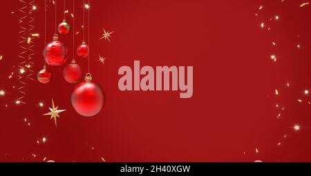 Weihnachten und Neujahr Hintergrund für Grußkarte, Poster oder Tapete. Festliche Kugeln, goldene Sterne und Pailletten auf dem Rot. 3d-Renderdarstellung Stockfoto