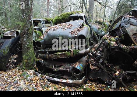 Bastnäs Autofriedhof im Oktober Stockfoto